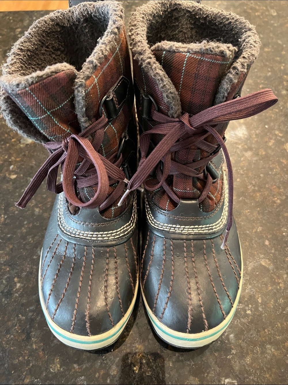Sorel Brown Plaid Winter Boots with Dark Brown Laces